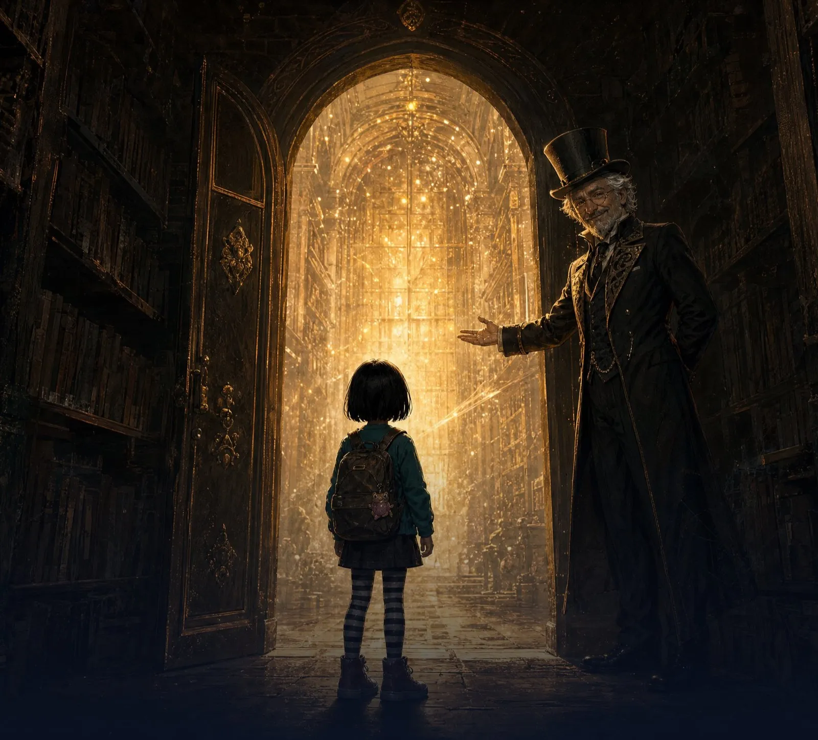 Laura în fața unei uși luminoase; Bibliotecarul o poftește înăuntru
